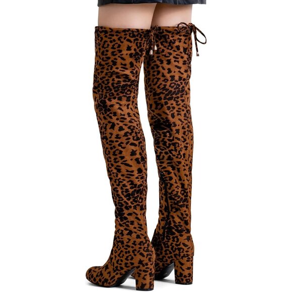 Women's Leopard Suede Inner Zipper Thigh High Over The Knee High Heel Boots - Picture 5 of 7